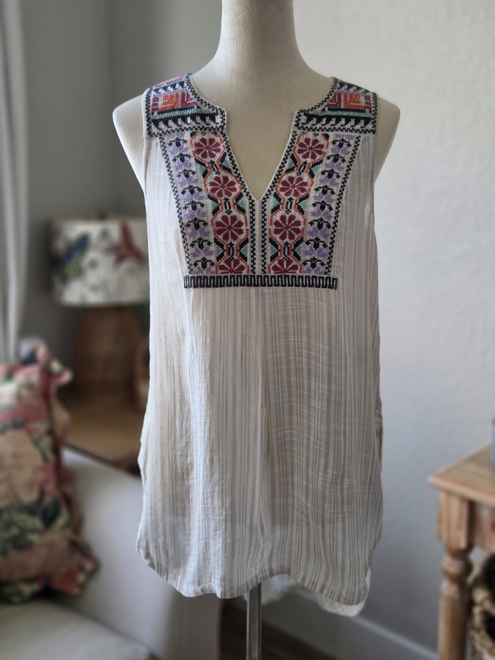 Embroidered V-Neck Sleeveless Top - White with Pink & Purple Accents